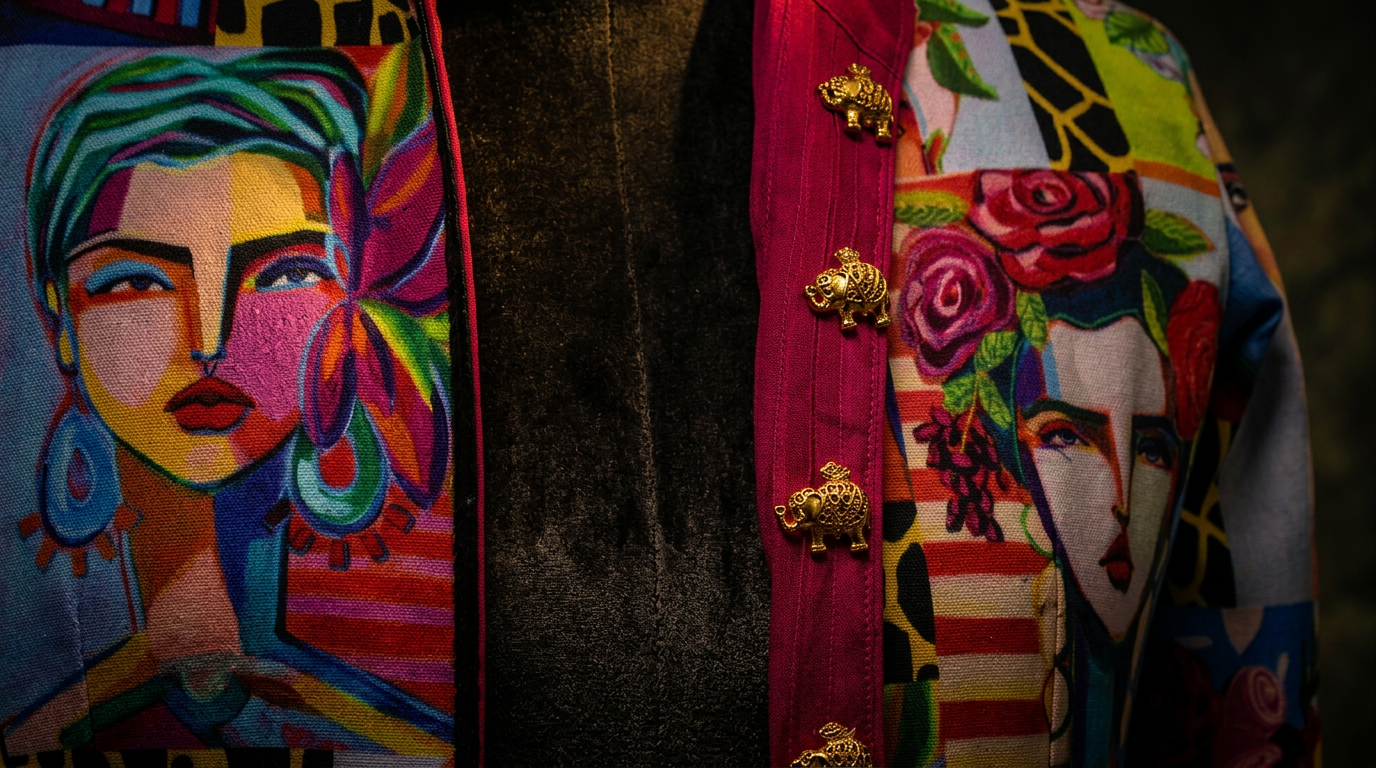 DORI artisanal hand-painted jacket detail with gold elephant buttons